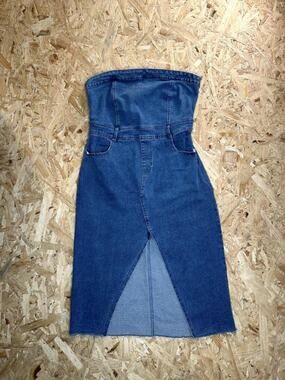 Riley & James Womens Large Blue Denim Strapless Midi Dress Raw Hem Front Slit